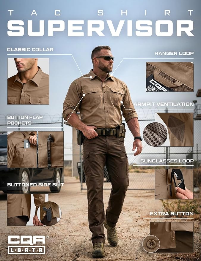 CQR Men's Long Sleeve Tactical Shirts, Ripstop Military Work Shirts, UPF 50+ Breathable Button Down Outdoor Hiking Shirt