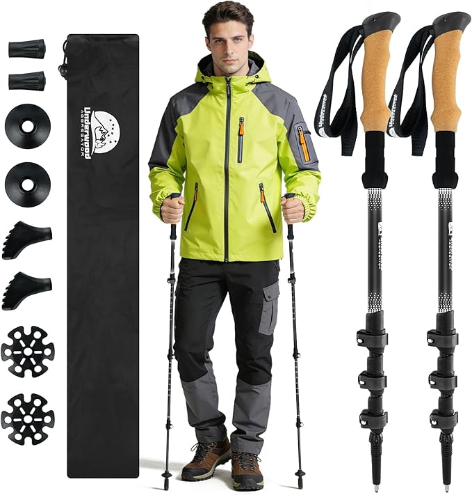 Carbon Fiber Trekking Poles Lightweight - Collapsible Hiking Poles with Cork Grip & Quick-Lock System, 2 PCS Adjustable Backpacking & Mountaineering Walking Hiking Sticks for Men, Women, Seniors