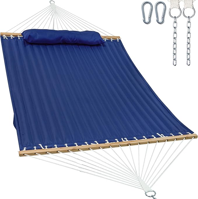 GAFETE Hammock 2 Person Quilted Fabric Hammocks for Outside, Double 12ft Hammocks with Spreader Bar, Large Removable Pillow, Storage Bag, Carabiners, Max 475 lbs Capacity (Dark Navy)