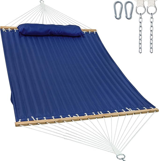 GAFETE Hammock 2 Person Quilted Fabric Hammocks for Outside, Double 12ft Hammocks with Spreader Bar, Large Removable Pillow, Storage Bag, Carabiners, Max 475 lbs Capacity (Dark Navy)