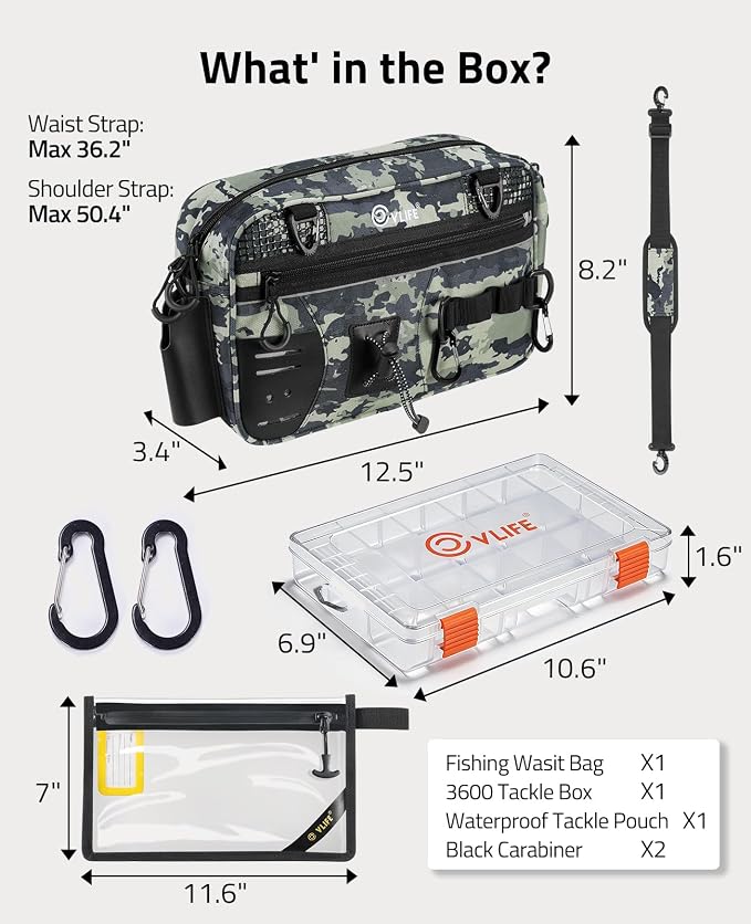 CVLIFE Fishing Tackle Bag Waist Pack with Rod Holder, Waterproof Fanny Pack | 900D Fabric, Convertible Carry, Detachable Shoulder Strap, Landing Net Holster, 3600 Tackle Box, Waterproof Pouch, Carabiners