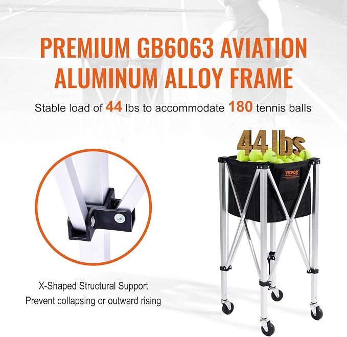 VEVORFoldable Tennis Ball Hopper, Holds 150-180 Tennis Balls, Lightweight Aluminum Alloy Tennis Ball Basket Cart with Wheels for Tennis Player