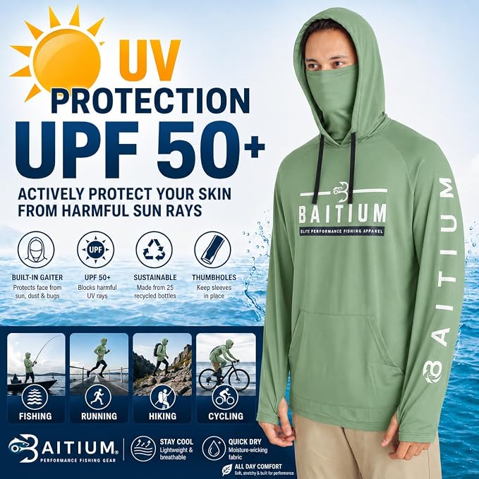 Fishing Shirts for Men,UPF50 Hooded Long Sleeve with Gaiter, Sun Protection Dry Fit Apparel, Face Mask, Fishing Clothes