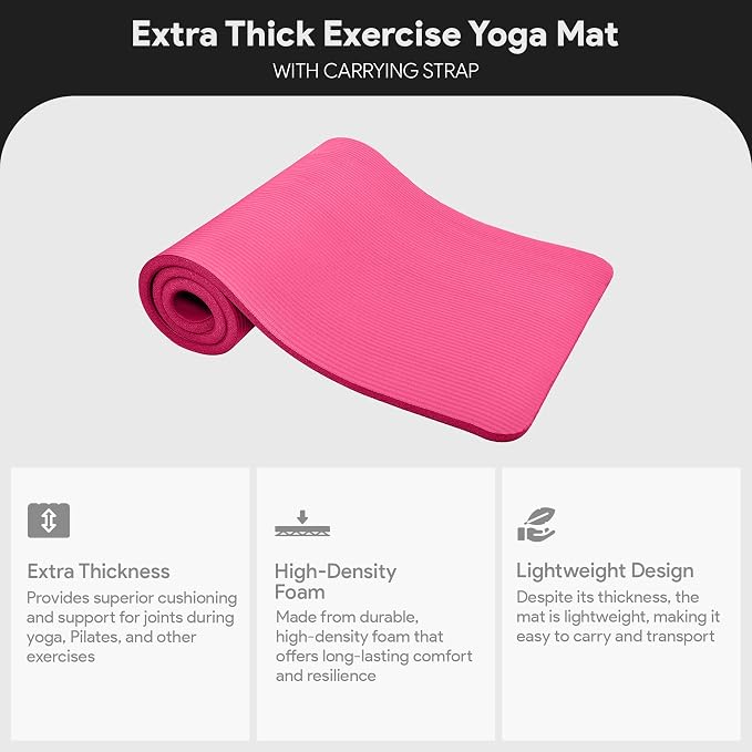 BalanceFrom Yoga Mat, 1-Inch Extra Thick High Density Exercise Mat, Anti-Tear Exercise Yoga Mat with Carrying Strap, Suitable for Various Yoga Exercises, Multiple Colors