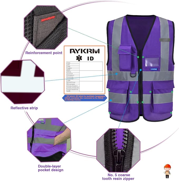 A-SAFETY Purple High Visibility Safety Vest with 4 Reflective Strips 7 Pockets,Small