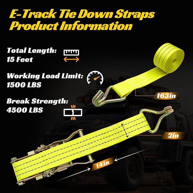 6 Pack 2" x 15' Heavy Duty Ratchet Straps - 4500LBS Break Strength - Tie Down Straps with J-Hooks for Trucks, Trailers, Motorcycles, and Cargo（Yellow）