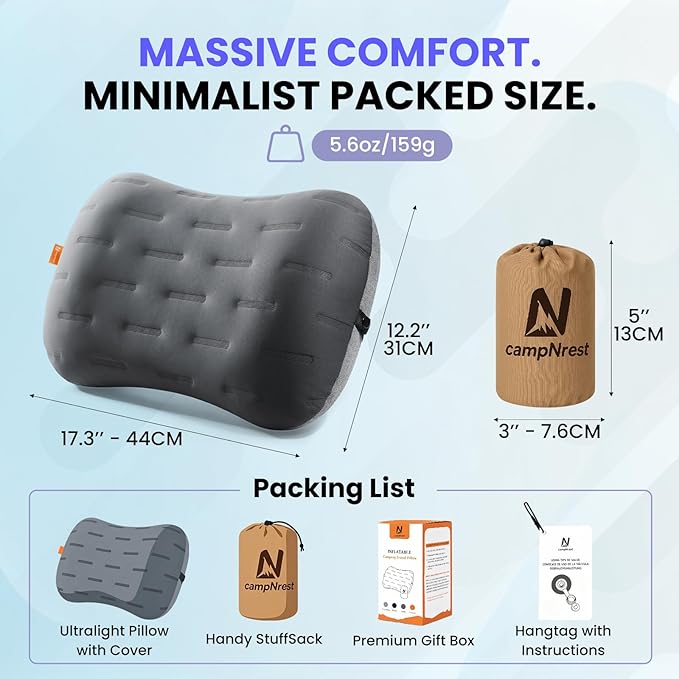 Inflatable Camping Pillow - Ultralight Compact Air Pillow for Travel, Backpacking & Hiking - Ergonomic Neck & Lumbar Support - Portable Inflatable Pillow with Removable Washable Cover - (Grey 2 Pack)