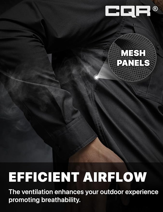 CQR Men's Long Sleeve Tactical Shirts, Ripstop Military Work Shirts, UPF 50+ Breathable Button Down Outdoor Hiking Shirt
