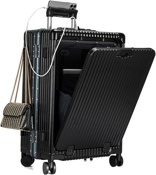 feilario Aluminium Frame PC Hard Shell Spinner Wheels Luggage,20.8"X15"X8.7 Airline Approved Built-In TSA lock Carry on Suitcase, with Cup Holder, USB Port, Phone Holder
