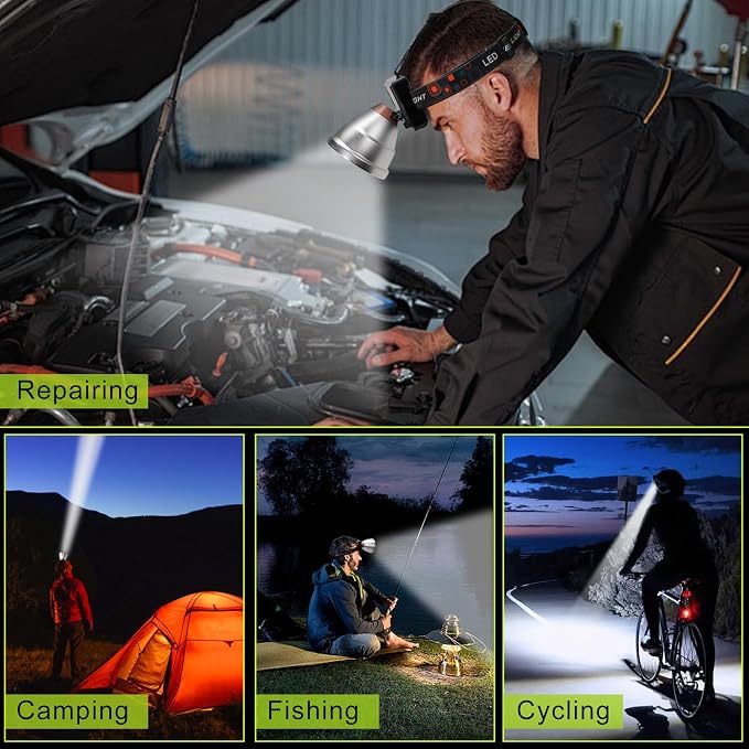 Rechargeable LED Headlamp with Flood and Spot Beam, Power Display, 4 Lighting Modes, Ultra Bright High Lumen Waterproof Head Torch for Camping, Running, Hiking, Fishing, Hunting, Outdoor Activities