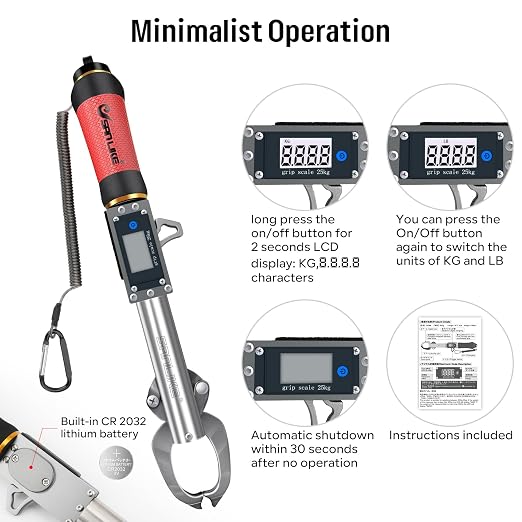 SANLIKE 55LB Digital Fish Gripper Stainless Steel Waterproof Fishing Scale | One-button control, sealed waterproof structure, dual unit switch, no fish injury design for saltwater freshwater angling