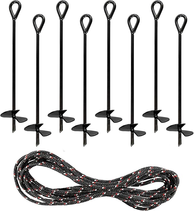 Yesland 8 Pack 15 Inch Black Ground Anchor, Reusable Heavy Duty Steel Wind Stakes, 3/8 Inch Thick in Diameter with 25 Feet of Rope