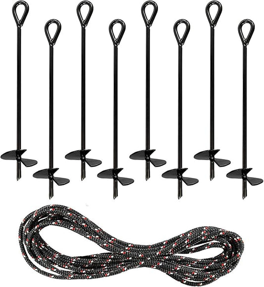 Yesland 8 Pack 15 Inch Black Ground Anchor, Reusable Heavy Duty Steel Wind Stakes, 3/8 Inch Thick in Diameter with 25 Feet of Rope