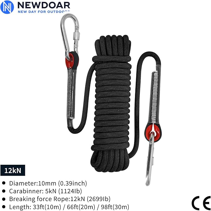 NewDoar Climbing Rope 8(5/16in),10mm (3/8in), High Strength Accessory Cord Rope with 2 Steel Hooks, for Outdoor Rescue Rappelling Rope Down Cliffs ledges Safety Escape Tow Strap Equipment(Black)