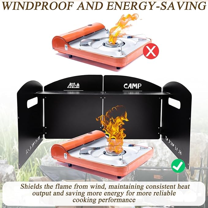 Camping Stove Windscreen Steel Camp Stove Windscreen 4 Plates Steel Folding Camping Stove Windshield with a Storage Bag and Compartment for Camping, Hiking, Picnic, Backpacking, Cooking (Black)
