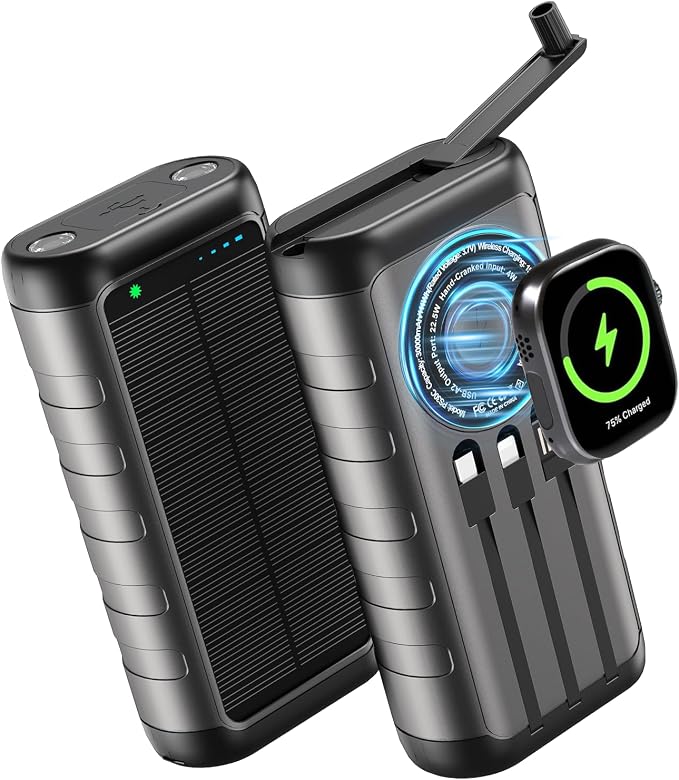 Solar Charger Power Bank 59800mAh, 15W Wireless Charging Compatible with iPhone Samsung Apple Watch, Outdoor Battery Pack, 3 Built in Cables & Hand Crank, Dual LED Flashlight for Camping Hiking Travel