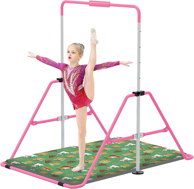 Gymnastics Bar with Self-Inflating Mat for Kids, Adjustable Height Gymnastic Horizontal Bars with Mat, Folding Gymnastic Training Monkey Bars, Junior Expandable Training Kip Bar for Home