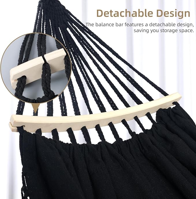 Portable Double Hammock, Hanging Hammock with Tassels and Fishtail Knitting, 550LB Capacity, 320GSM Hanging Bed with Set Full Accessories for Outdoor Camping Patio Balcony Black