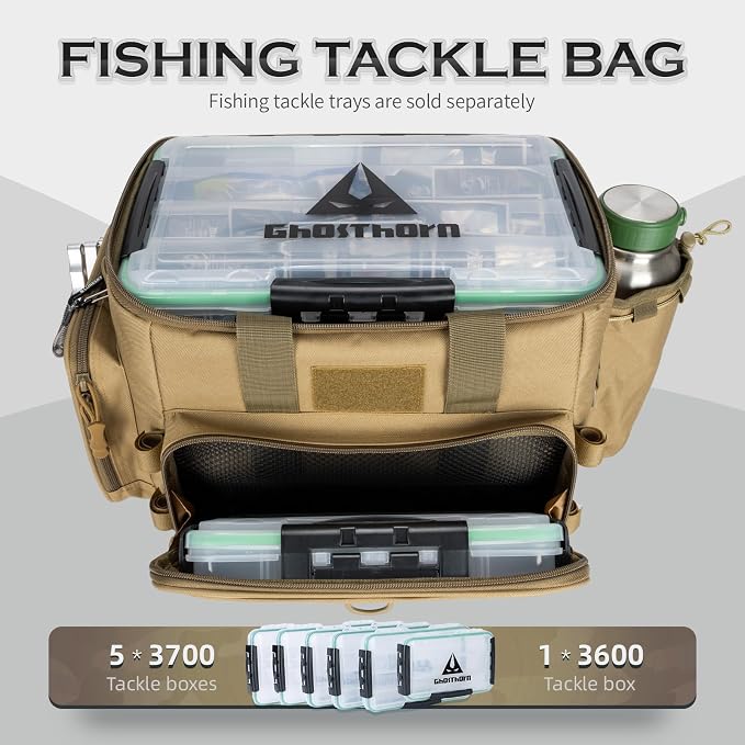 Ghosthorn Large Fishing Tackle Bag with Rod Holder Waterproof Gear Storage | Waterproof Fishing Bag with Padded Shoulder Strap Fishing Gear and Equipment Storage for Saltwater Freshwater