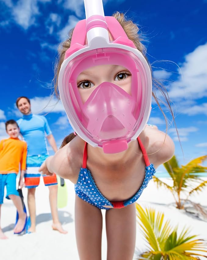 WSTOO Kids Full Face Snorkel Masks,Suitable for Beginners Dry Top Snorkeling Gear,Can Your Mouth or Nose to Breathe,180 Degrees Panoramic View,Anti-Fog Anti-Leak,Summer Travel and Vacationing Gifts