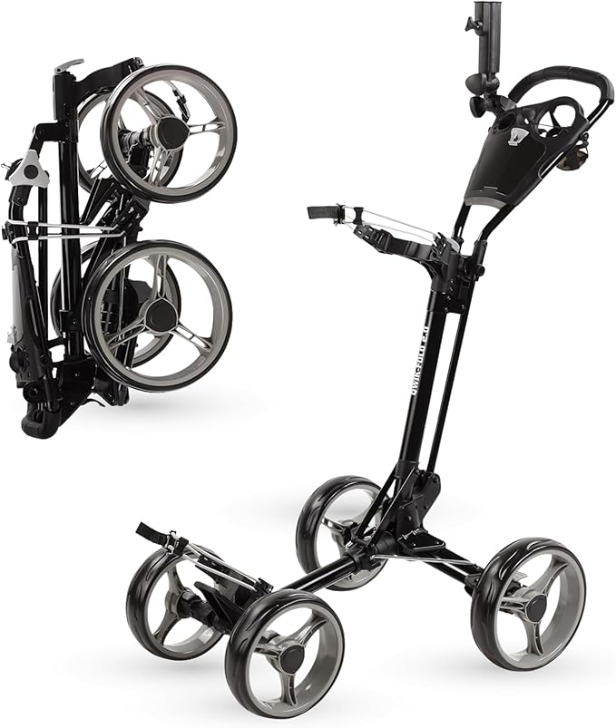 Qwik-Fold Golf Push Cart 4-Wheel with Foot Brake – 1-Second Fold Golf Trolley, Lightweight Aluminum Frame, Adjustable Handle, Ball-Bearing Wheels & Umbrella Holder