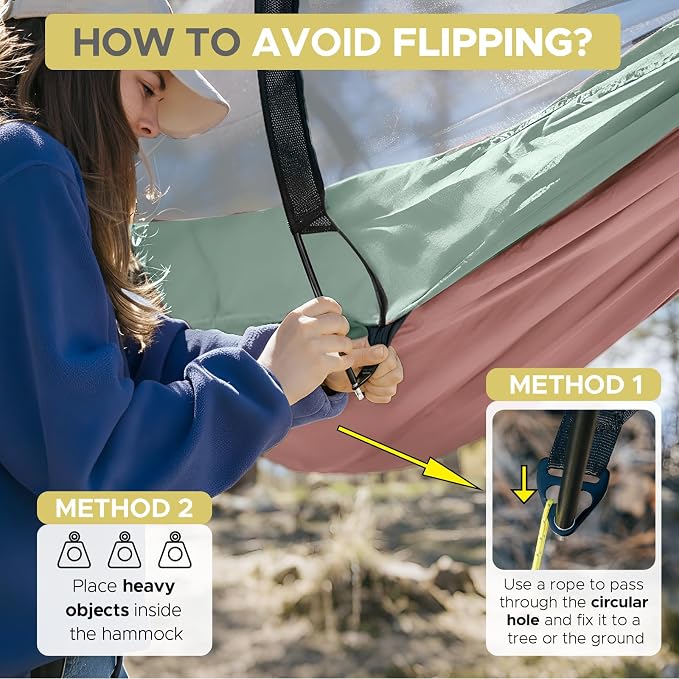 Sunyear Camping Hammock Tent - Portable Hammocks with Mosquito Net (Single/Double, 500lbs Capacity) - Spacious & Anti-Rollover Design with 2 Tree Straps for Hiking, Backpacking, Indoor/Outdoor Use
