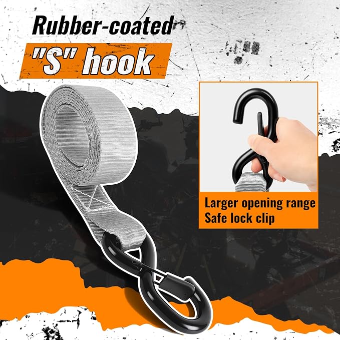 2 Pack Ratchet Straps,Heavy Duty Powersports Tie Downs Load Straps,5208lbs Break Strength 1.5in x 8ft with Safety S Hooks and Soft Loops for Motorcycle Truck Cargo Roof Rack,Break Strength, Grey