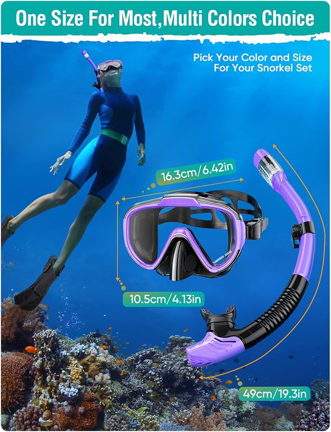 Seovediary Snorkel Set Adults Snorkeling Gear Anti-Fog Panoramic View Swim Mask Dry Top Snorkel Kit with Carry Bag for Snorkeling Scuba Diving Swimming Travel
