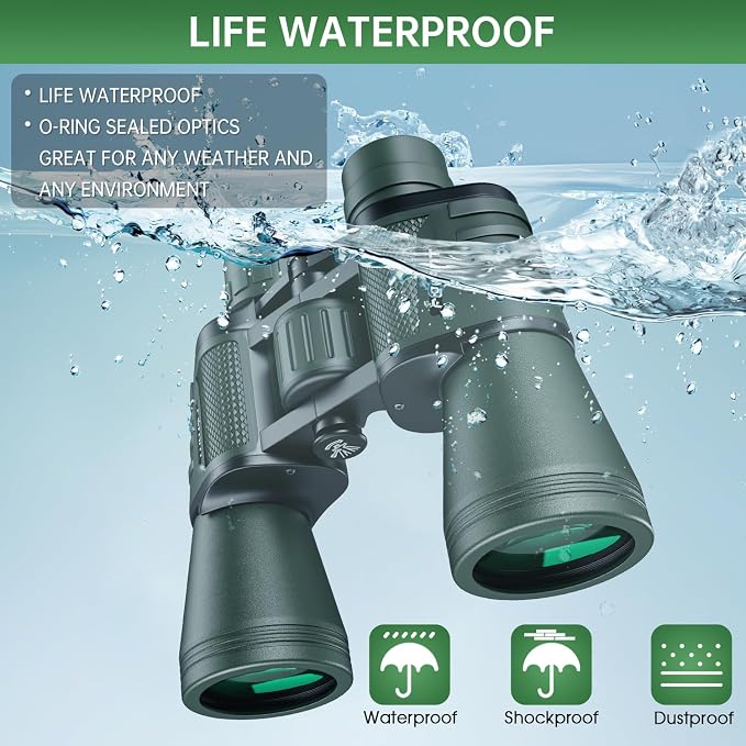 20x50 High Powered Binoculars for Adults, Waterproof Binoculars with Low Light Vision for Bird Watching Hunting Camping Travel Cruise Hiking Sports Stargazing, Gifts for Men Dad