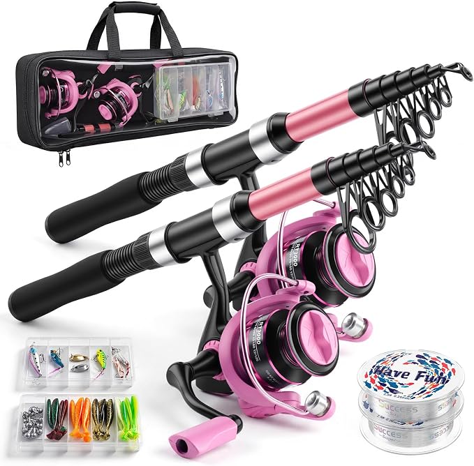 Fishing Rod and Reel Combo,2 Pcs 2.1M Telescoping Fishing Rod with Carrier Bag,Spinning Reels,2 Lines,Lures Baits,Suitable for Beginners Fishing Gifts for Men Women Saltwater Freshwater