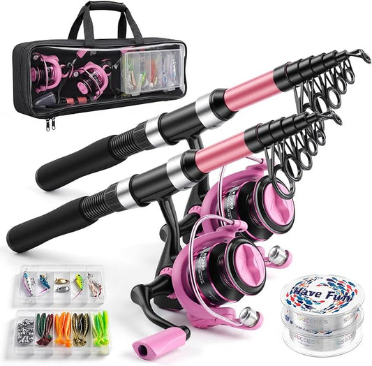 Fishing Rod and Reel Combo,2 Pcs 2.1M Telescoping Fishing Rod with Carrier Bag,Spinning Reels,2 Lines,Lures Baits,Suitable for Beginners Fishing Gifts for Men Women Saltwater Freshwater