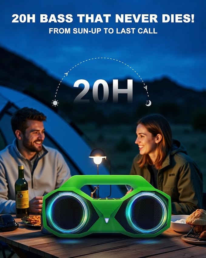OZJ Bluetooth Speaker Outdoor Loud: 80W(Peak) with Bass, Portable Wireless Speaker with IPX7 Waterproof, 20H Playtime, RGB Lights, TWS for Outside, Beach, Work (Green)