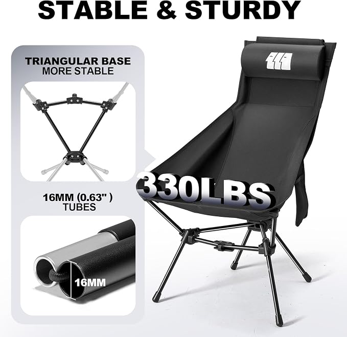 High Back Camping Chairs for Adults Heavy Duty, Portable Folding Camp Chair with Headrest & Side Pockets, Compact Backpacking Chair Supports 330 Lbs for Outdoor Travel Hiking Beach, Black