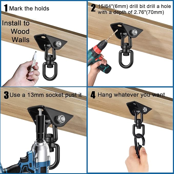Hammock Hanging Kit, 2 Pack Hanging Chair Hardware 360°Rotating Hammock Hooks Heavy Duty, Hammock Chair Hanging Kit & Swing Ceiling Hook Snap for Hammock Chair Stand,Seat,Yoga,Gym, 1000 lb Capacity