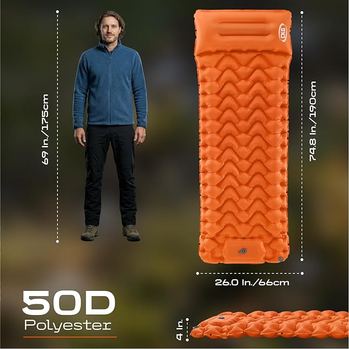 CKG Camping Sleeping Pad with Thermal Barrier, Ultralight Camping Mat 4in Thick with Pillow, Built-in Foot Pump Self Inflating Sleeping Pad for Hiking Tent Road Trip Car Camp Travel Gear, Orange