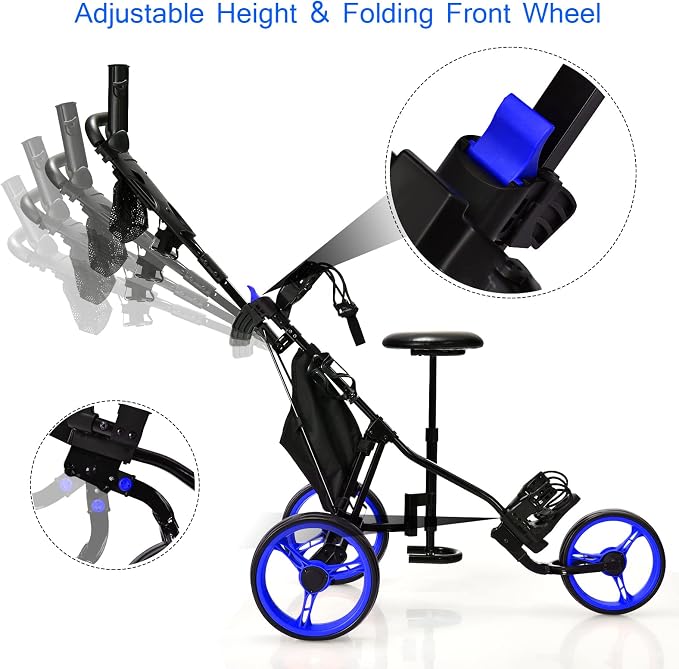 GYMAX Foldable 3-Wheel Height Adjustable Lightweight Golf Caddy Cart with Umbrella Holder, Hydraulic Seat, Storage Bag & Cup Holder