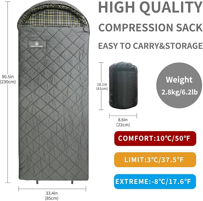 Mountainlodge 100% Cotton Shell and Lining Sleeping Bag for Adult Cold Weather with Compression Bag&Carry Bag for Camping,Travel and Car Camping
