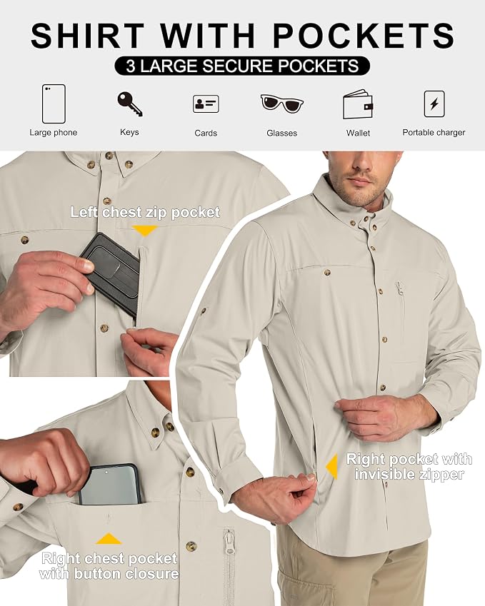 33,000ft Men's UPF 50+ UV Protection Long Sleeve Hiking Shirts Breathable Quick Dry Fishing Shirts for Safari, Outdoor