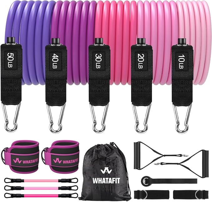 WHATAFIT Resistance Bands, Exercise Bands, Workout Bands with Handles, Door Anchor and Ankle Straps, 5 Resistance Levels Fitness Bands for Strength Training, Physical Therapy, and Home Gym Equipment
