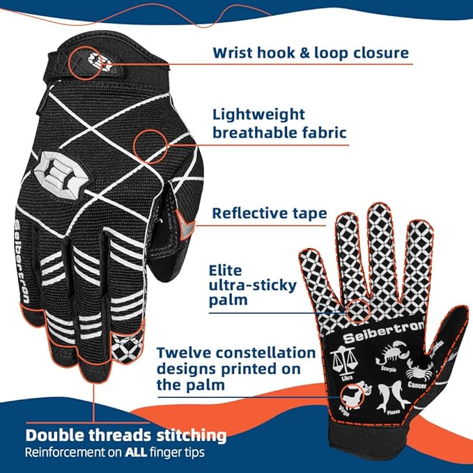 Seibertron Pro 3.0 Twelve Constellations Elite Ultra-Stick Football Receiver Gloves | Super Sticky Grip for Youth Kids Boys 8-12 Girls & Adult Men & Women, Perfect Sports Gift