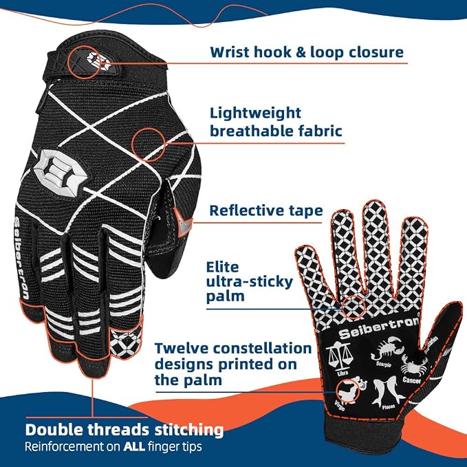 Seibertron Pro 3.0 Twelve Constellations Elite Ultra-Stick Football Receiver Gloves | Super Sticky Grip for Youth Kids Boys 8-12 Girls & Adult Men & Women, Perfect Sports Gift