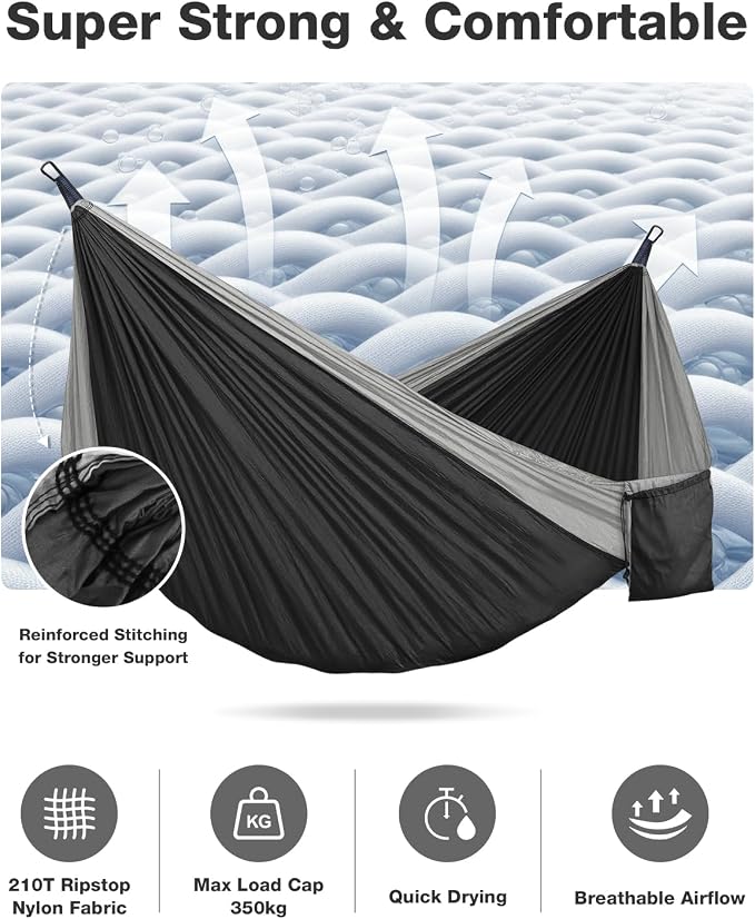MOSFiATA Camping Hammock, Heavy Duty up to 700lbs with 2 Tree Straps and Attached Carry Bag Portable Hammock for Backpacking Hiking Durable Outdoors（Black Grey）