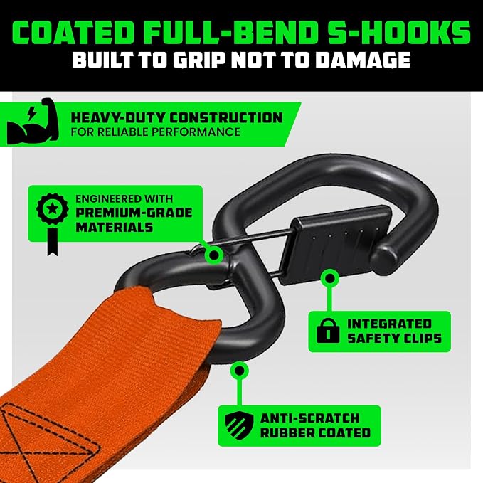 RHINO USA Ratchet Straps Tie Down Kit, 5,000 Break Strength - Includes Heavy Duty Rachet Tiedowns with Padded Handles & Coated Chromoly S Hooks + Soft Loop Tie-Downs
