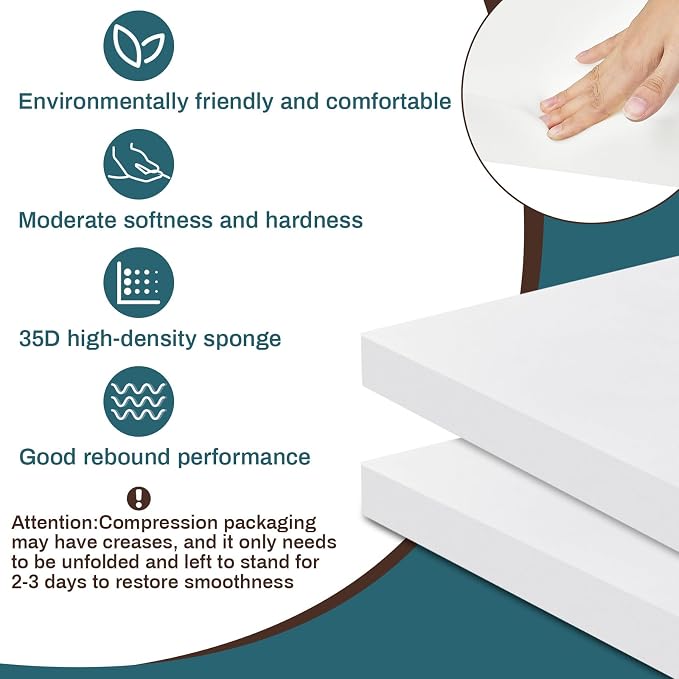Frienda 2 Pack 2" x 22" x 22"Upholstery High Density Foam Cushion Replacement Square Cut to Size Foam Couch for Chair Couches Padding Shipping Packing DIY Cosplay Projects(White)