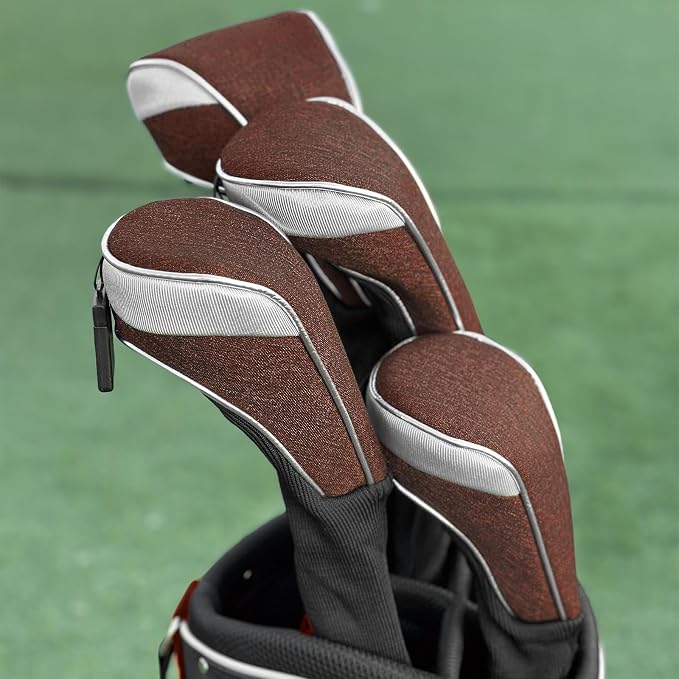Andux 3pcs/Set Nylon Golf Wood Club Head Covers with Long Neck | for 460cc Driver Fairway Wood Club Silver Piping Pull-On Closure