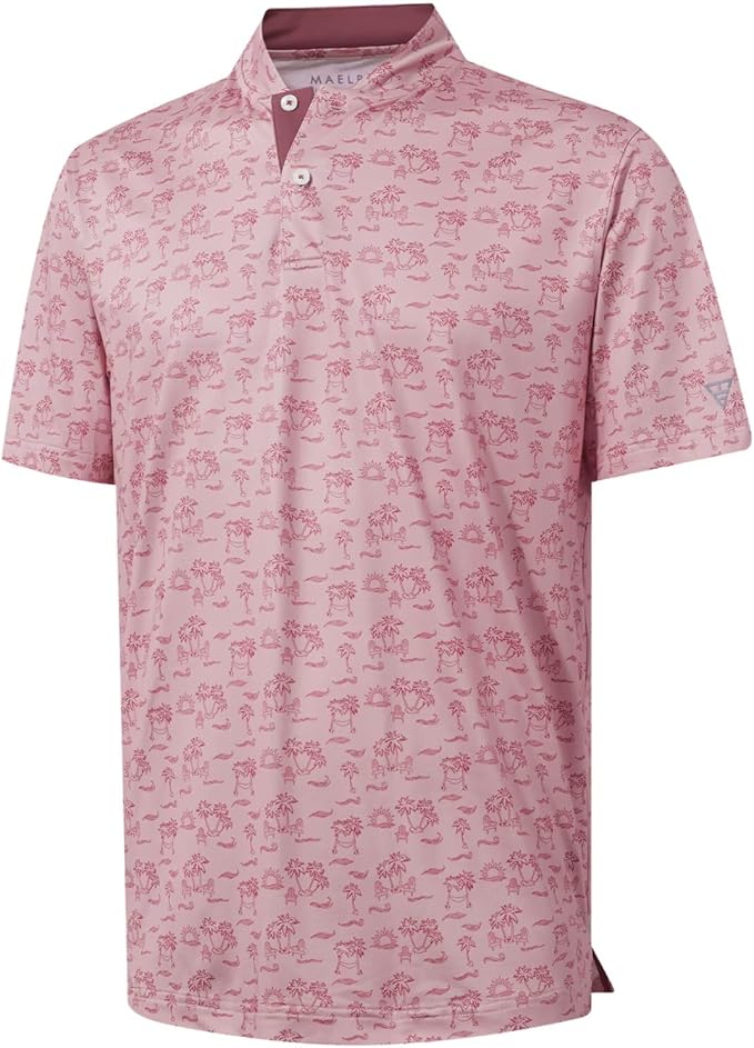 M MAELREG Golf Shirts for Men Collarless Performance Dry Fit Stretch Henley Casual Printed Mens Polo Shirts Short Sleeve