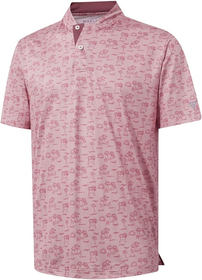 M MAELREG Golf Shirts for Men Collarless Performance Dry Fit Stretch Henley Casual Printed Mens Polo Shirts Short Sleeve