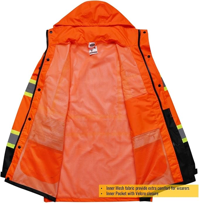 JKSafety Hi-Vis Reflective Safety Rain Jacket for Men Women Waterproof Rain Gears for Farming Fishing Work HV Rain Jacket with Inner Mesh Lining and Pockets (117A-OBlk XXL)