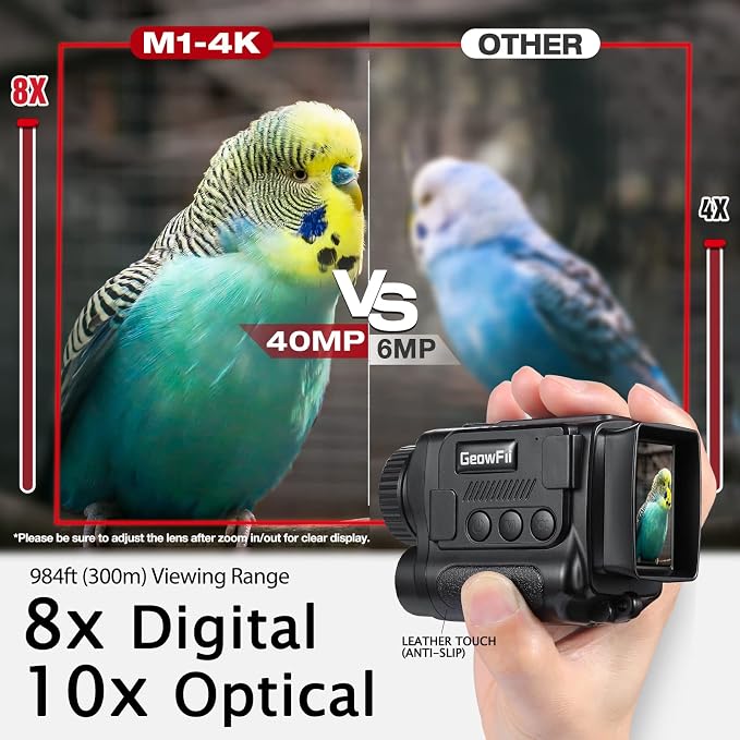GeowFiiTech Night Vision Monocular, 4K Infrared Digital Night Vision Goggles with 850nm IR, 40M Photo & 4K Video, 984FT Range, 8X Zoom, Rechargeable, SD Card Included for Hunting Camping Adventure
