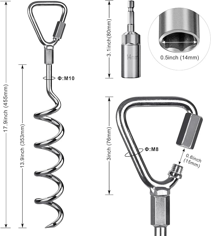 Insaga 17" Heavy Duty Ground Anchors Screw in - 4 Pack Chrome Plated with Reinforced Triangle Bracket for Trampoline, Swing Set, Shed, Mobile Home, Carport - High Wind Resistance for All Soil Types
